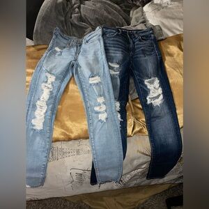 American Eagle Outfitters Distressed Skinny Jeans in Light and Dark Blue